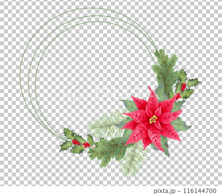 Christmas wreath with poinsettia flower, holly branches with berries and fir. Illustration with watercolors,markers. Natural frame for the winter holidays of the New Year. Hand drawn isolated clipart Christmas wreath with poinsettia flower, holly branches with berries and fir. Illustration with watercolors,markers. Natural frame for the winter holidays of the New Year. Hand drawn isolated clipart 116144700