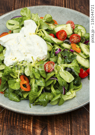 Salad of vegetables and milk Burrata cheese. Salad of vegetables and milk Burrata cheese. 116144721