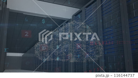 Image of data processing and cloud icon over server room 116144737