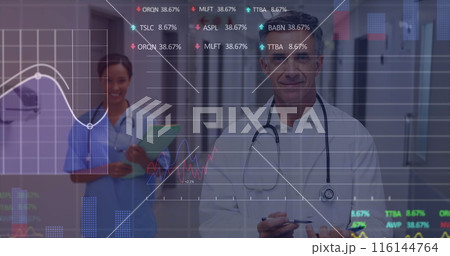 Image of financial data processing over two diverse doctors 116144764