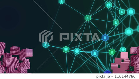 Image of network of connections with icons over cityscape on dark background 116144766