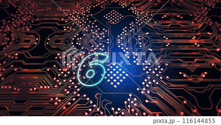 Digital image of 6g text against microprocessor connections on blue background Digital image of 6g text against microprocessor connections on blue background 116144855