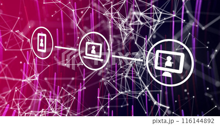 Image of icons in seamless pattern over network of connections with digital icons Image of icons in seamless pattern over network of connections with digital icons 116144892