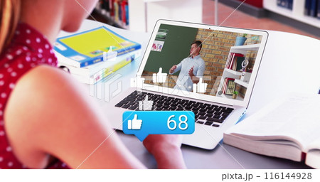 Image of media icon over caucasian woman having image call with caucasian colleague Image of media icon over caucasian woman having image call with caucasian colleague 116144928