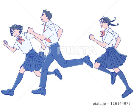 笑顔で走り出す男女の学生 笑顔で走り出す男女の学生 116144975