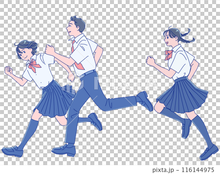 笑顔で走り出す男女の学生 笑顔で走り出す男女の学生 116144975