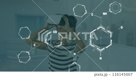 Image of medical icons over caucasian woman using vr headset Image of medical icons over caucasian woman using vr headset 116145007