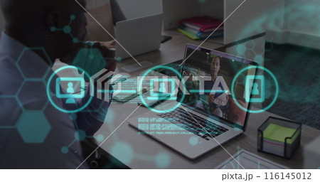 Image of media icons over diverse business people having image call in office Image of media icons over diverse business people having image call in office 116145012