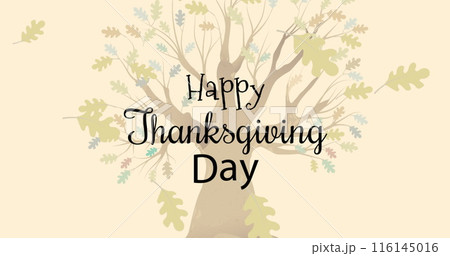 Image of happy thanksgiving text day over tree and autumn leaves on yellow background Image of happy thanksgiving text day over tree and autumn leaves on yellow background 116145016