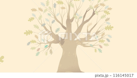 Image of happy thanksgiving text day over tree and autumn leaves on yellow background 116145017