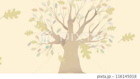 Image of happy thanksgiving text day over tree and autumn leaves on yellow background 116145018
