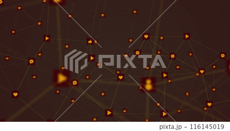 Digital image of network of digital icons against grey background 116145019
