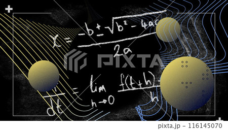 Image of spheres and math formulas on black background 116145070
