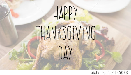 Image of happy thanksgiving day text over thanksgiving meal in background Image of happy thanksgiving day text over thanksgiving meal in background 116145078