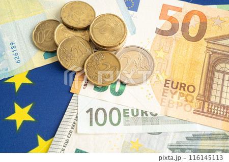Euro banknote and coin, Europe money, economy finance exchange trade investment. 116145113