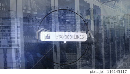 Image of thumbs up sign with increasing number of likes amidst circle against cityscape Image of thumbs up sign with increasing number of likes amidst circle against cityscape 116145117