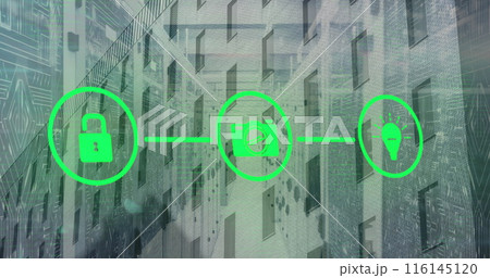 Image of green open lock, camera, light bulb icons on digital interface against buildings Image of green open lock, camera, light bulb icons on digital interface against buildings 116145120