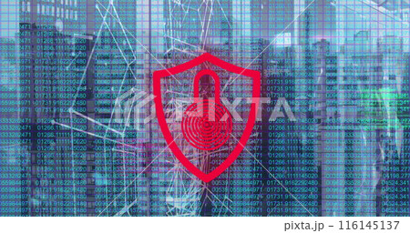Image of neon security icon with network connecting dots, coding against cityscape 116145137