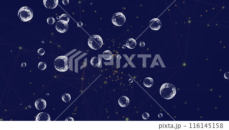 Image of bubbles floating over network of connections against blue background Image of bubbles floating over network of connections against blue background 116145158