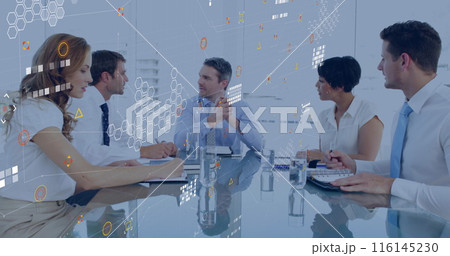 Image of icons and data over diverse businesspeople in office Image of icons and data over diverse businesspeople in office 116145230