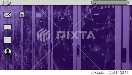 Image of computer icons and virus texts over server room 116145245