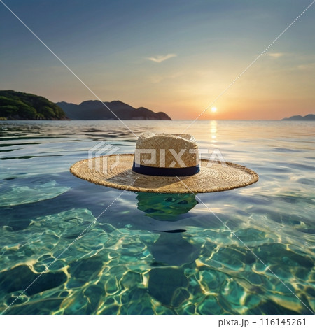 水面に浮かぶ帽子と夕焼け 116145261