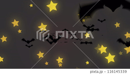 Bats flying among yellow stars against dark background 116145339