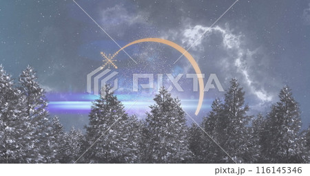 Snowflake hanging in sky above winter forest under starry night 116145346