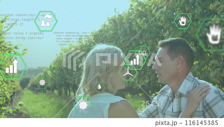 Image of ecology icons over caucasian couple talking Image of ecology icons over caucasian couple talking 116145385