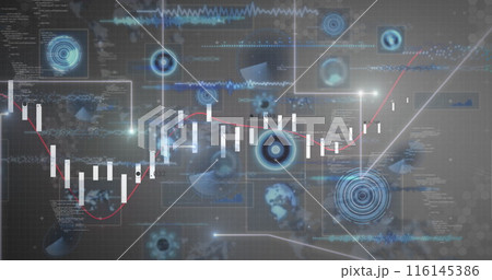 Image of falling dots forming lines, programming language and graphs over infographic interface 116145386