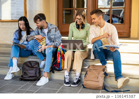 Multiethnic group of students preparing for seminar on stairs Multiethnic group of students preparing for seminar on stairs 116145387