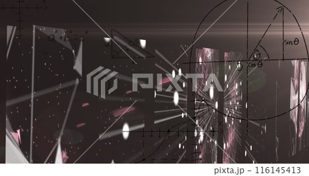 Image of light trails over mathematical equations on black background 116145413