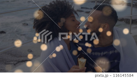 Image of spots over diverse couple embracing Image of spots over diverse couple embracing 116145584