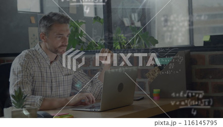 Image of mathematical equations over caucasian businessman working on laptop at office Image of mathematical equations over caucasian businessman working on laptop at office 116145795