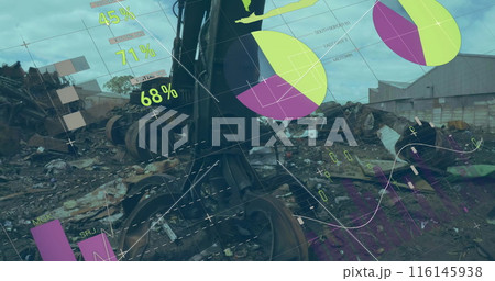 Image of infographic interface over low angle view of scrap shearing machine in scrap yard 116145938