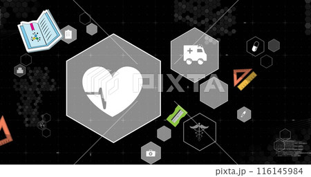 Image of medical icons over black background Image of medical icons over black background 116145984