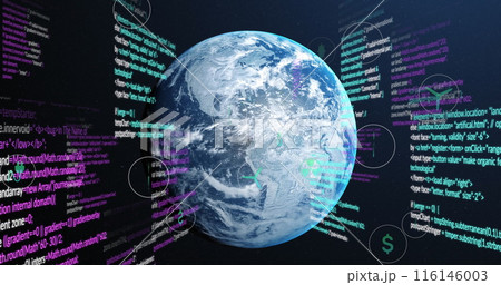 Image of eco icons and data processing over globe Image of eco icons and data processing over globe 116146003