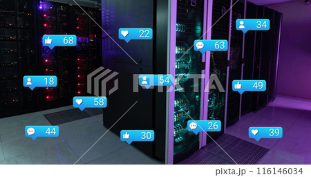 Image of notification with numbers icons over data server racks Image of notification with numbers icons over data server racks 116146034