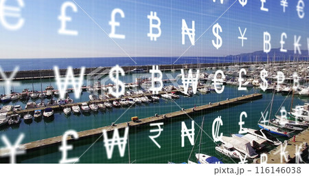 Image of multiple currency and grid pattern over aerial view of parked boats at dock 116146038
