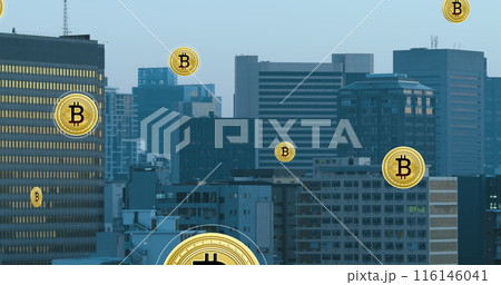 Image of bitcoins moving over aerial view of modern city against sky 116146041