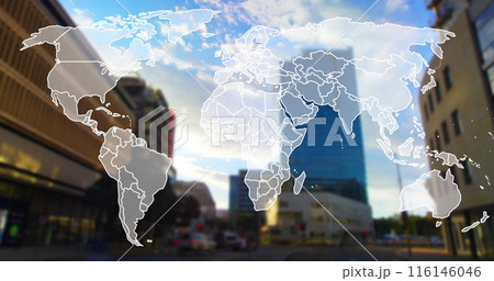 Image of map over time lapse of moving vehicles on street against buildings and cloudy sky Image of map over time lapse of moving vehicles on street against buildings and cloudy sky 116146046