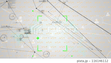 Image of network of connections with data processing and shapes over grey background 116146112