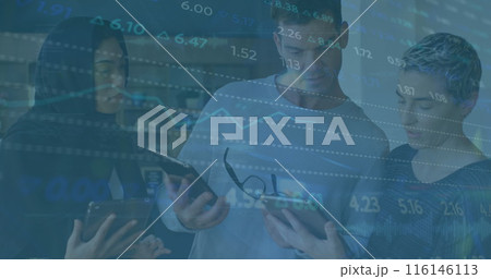 Image of stock market data processing against group of diverse colleagues discussing at office 116146113