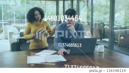 Image of data processing over diverse couple using laptop 116146114