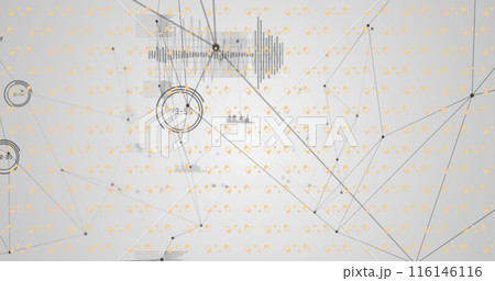 Image of network of connections with data processing and shapes over grey background 116146116