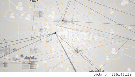 Image of network of connections with data processing and shapes over grey background 116146118