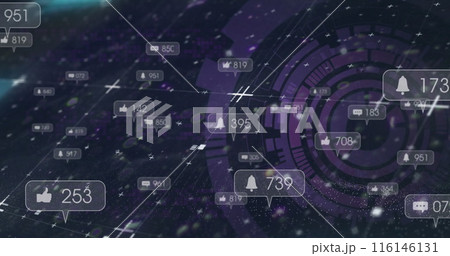 Image of social media icons over round scanner and light trails against data processing 116146131