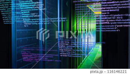 Image of multicolored computer programming language over data server room 116146221