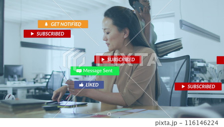 Image of social media icons with texts over diverse business people 116146224