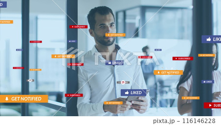 Image of social media icons with texts over diverse business people Image of social media icons with texts over diverse business people 116146228